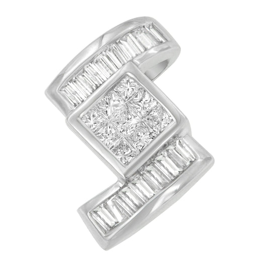Close-up angled view of a white metal necklace pendant featuring a square cluster of princess-shaped white gemstones in channel setting, flanked by rows of baguette-shaped white gemstones on each side.