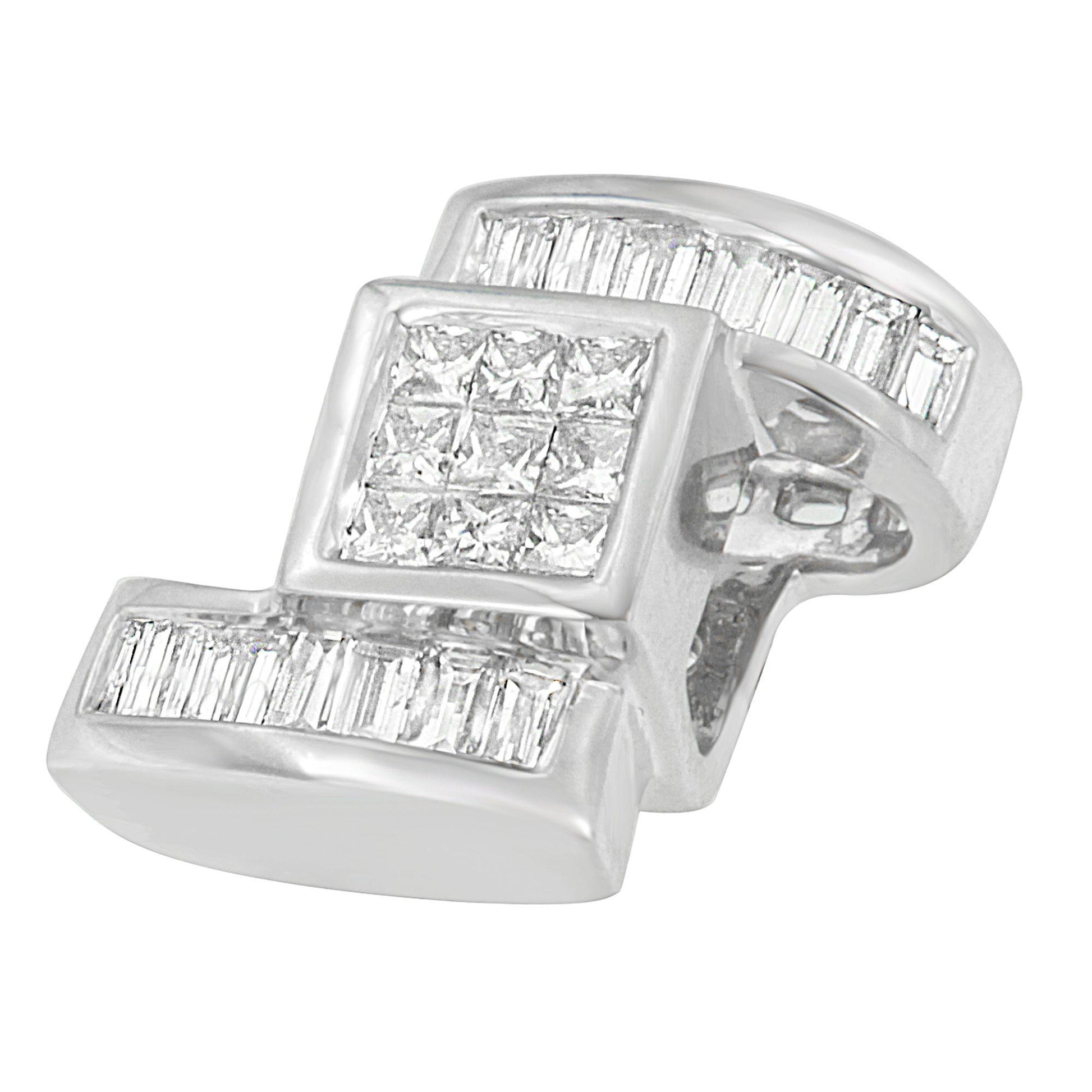 Close-up angled view of a white necklace pendant featuring a central square cluster of princess-shaped white gemstones in a channel setting, flanked by rows of baguette-shaped white gemstones in a channel setting.