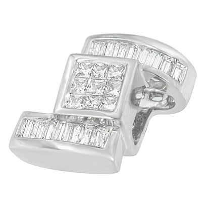 Close-up angled view of a white necklace pendant featuring a central square cluster of princess-shaped white gemstones in a channel setting, flanked by rows of baguette-shaped white gemstones in a channel setting.