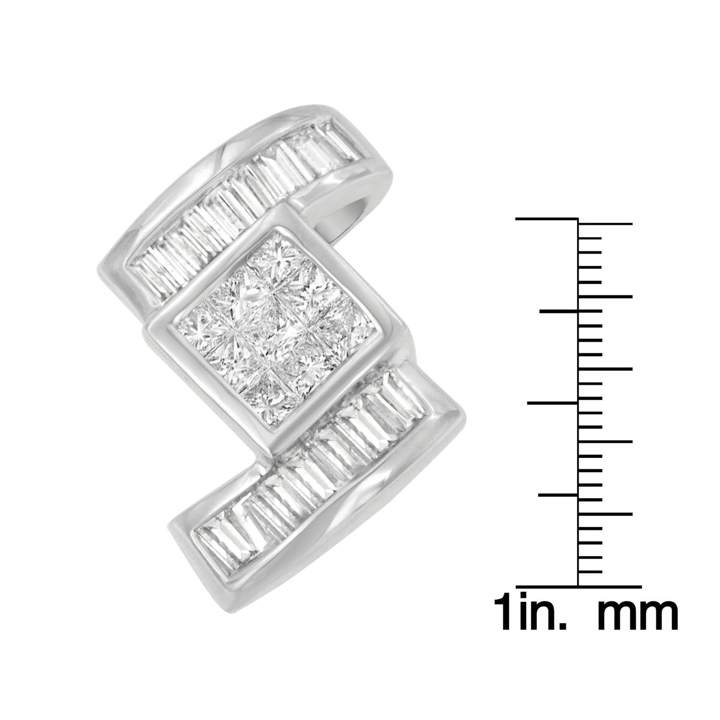 Close-up angle of a white necklace pendant featuring a square cluster of princess-shaped white gemstones in channel setting, framed by baguette-shaped white gemstones in channel setting, placed next to a ruler for size reference.