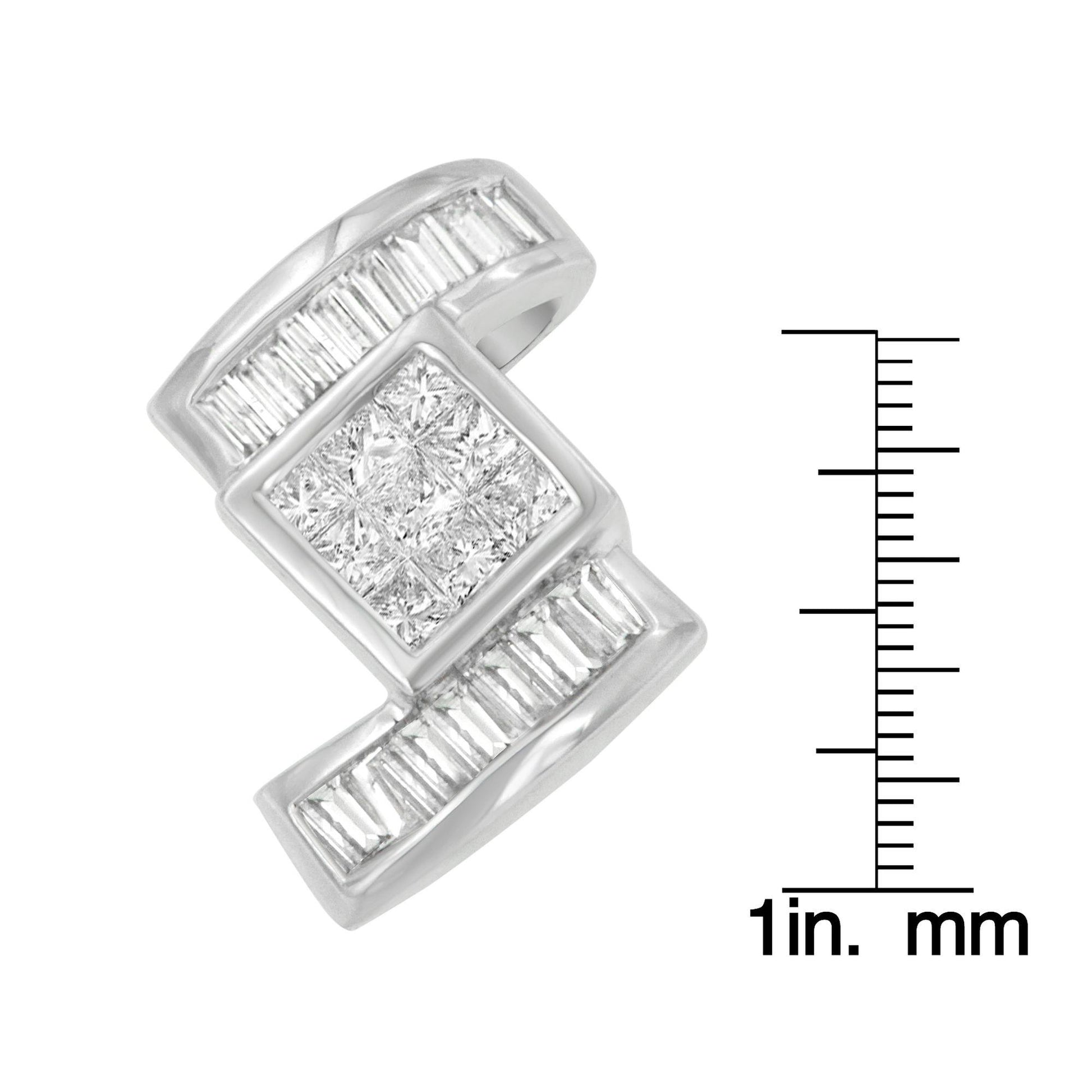 Close-up angle of a white necklace pendant featuring a square cluster of princess-shaped white gemstones in channel setting, framed by baguette-shaped white gemstones in channel setting, placed next to a ruler for size reference.