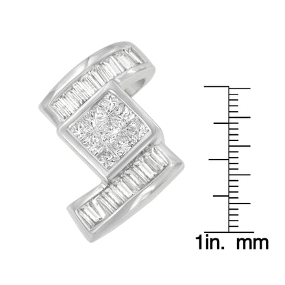 Close-up angle of a white necklace pendant featuring a square cluster of princess-shaped white gemstones in channel setting, framed by baguette-shaped white gemstones in channel setting, placed next to a ruler for size reference.