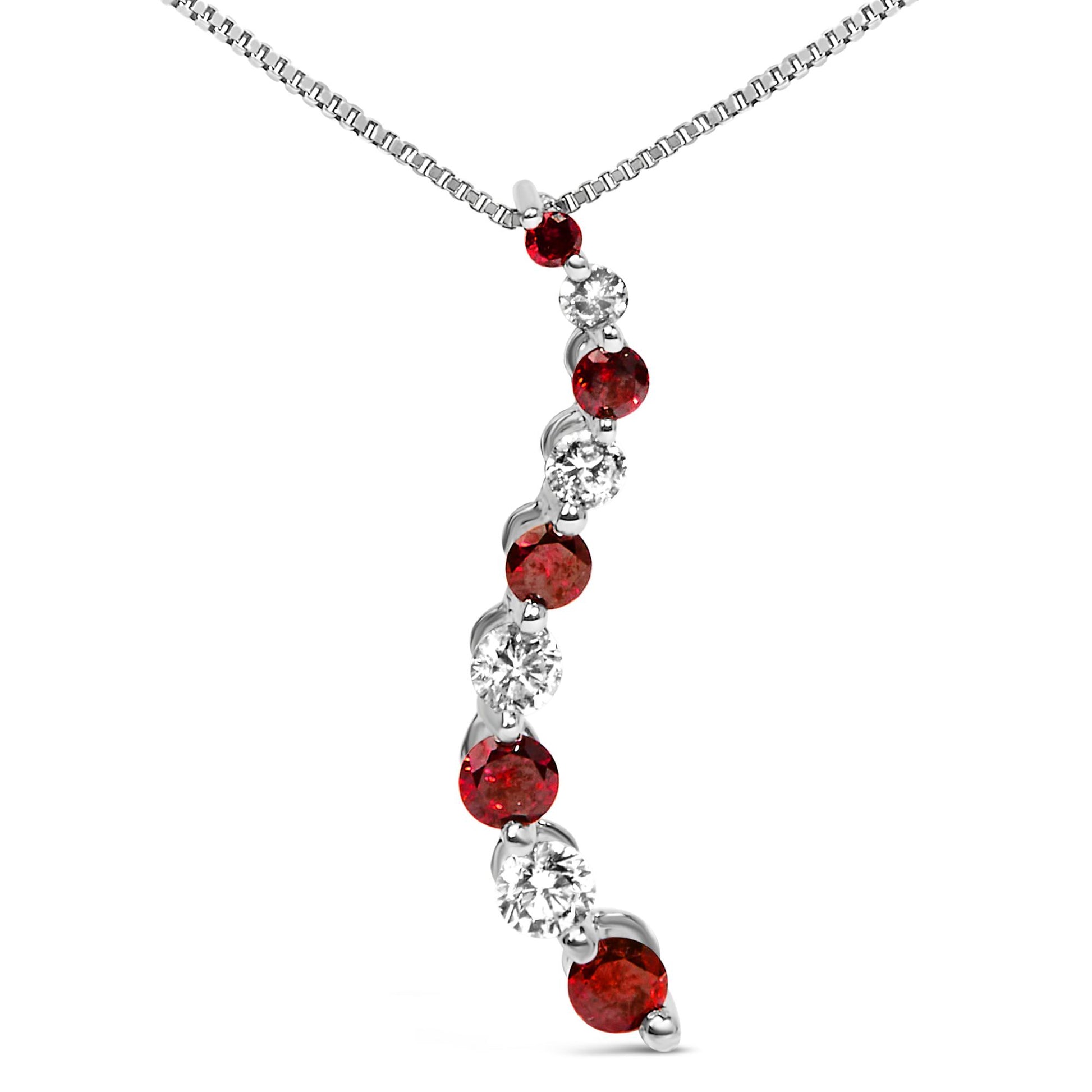 White metal necklace with alternating round red and white gemstones in a vertical curved arrangement, shown in a front close-up view.