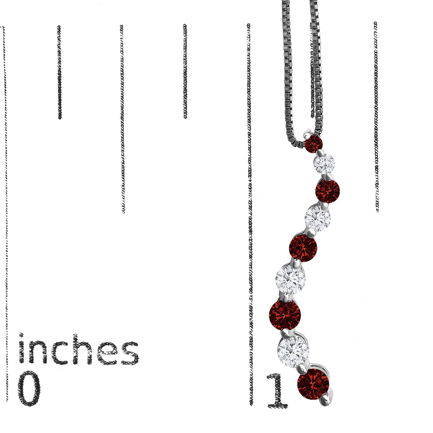 Close-up front view of a white metal necklace pendant with alternating round red and white gemstones in a shared prong setting, displayed on a ruler for size reference.