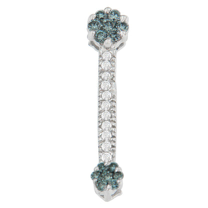 Front view of a white metal necklace pendant featuring a vertical row of round white gemstones flanked by clusters of round blue gemstones at the top and bottom.