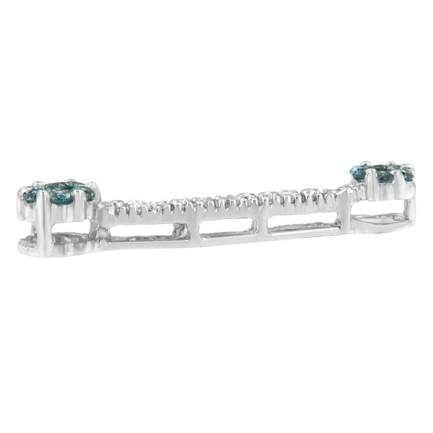 Side view of a white metal necklace featuring round prong-set white and blue gemstones.