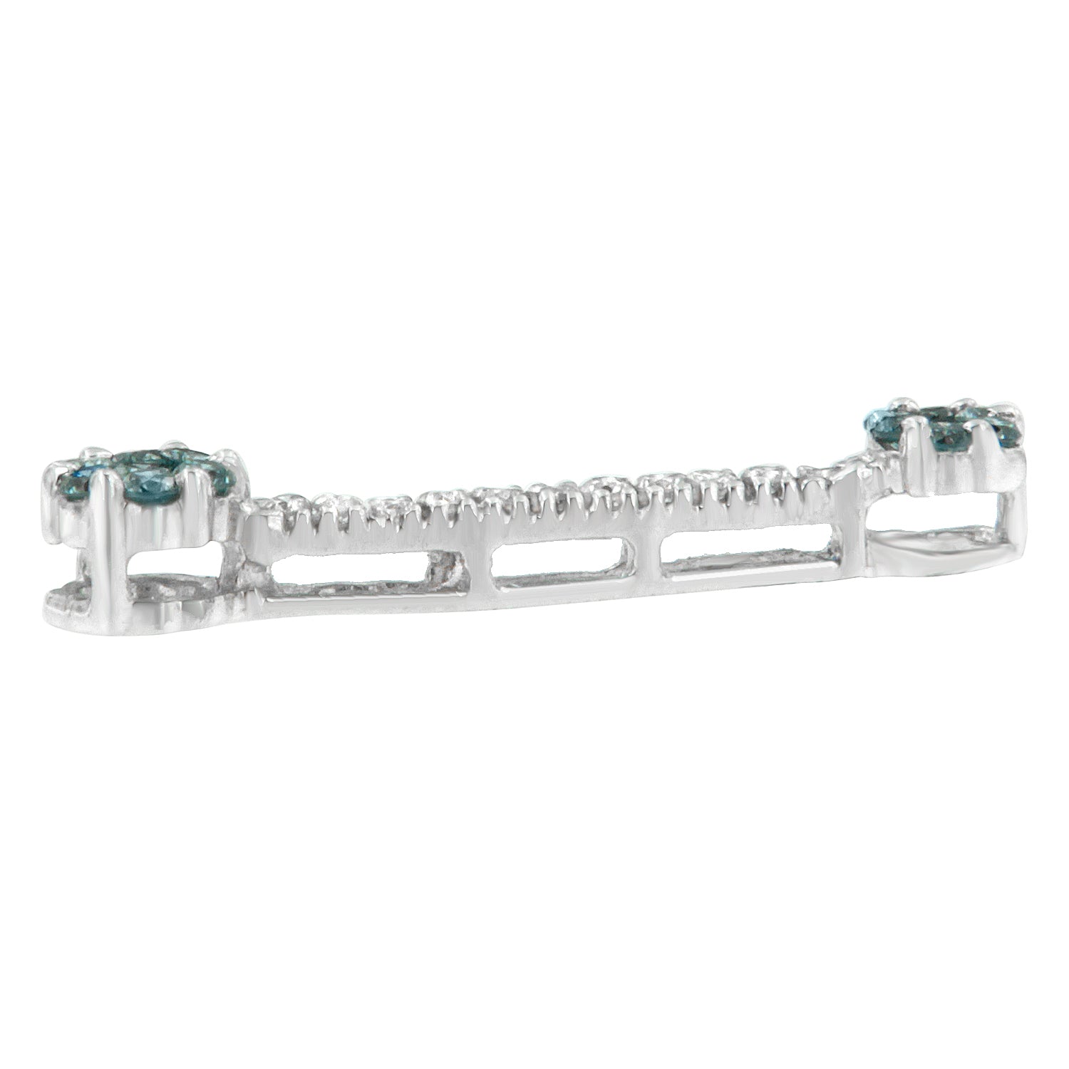 Side view of a white metal necklace featuring round prong-set white and blue gemstones.