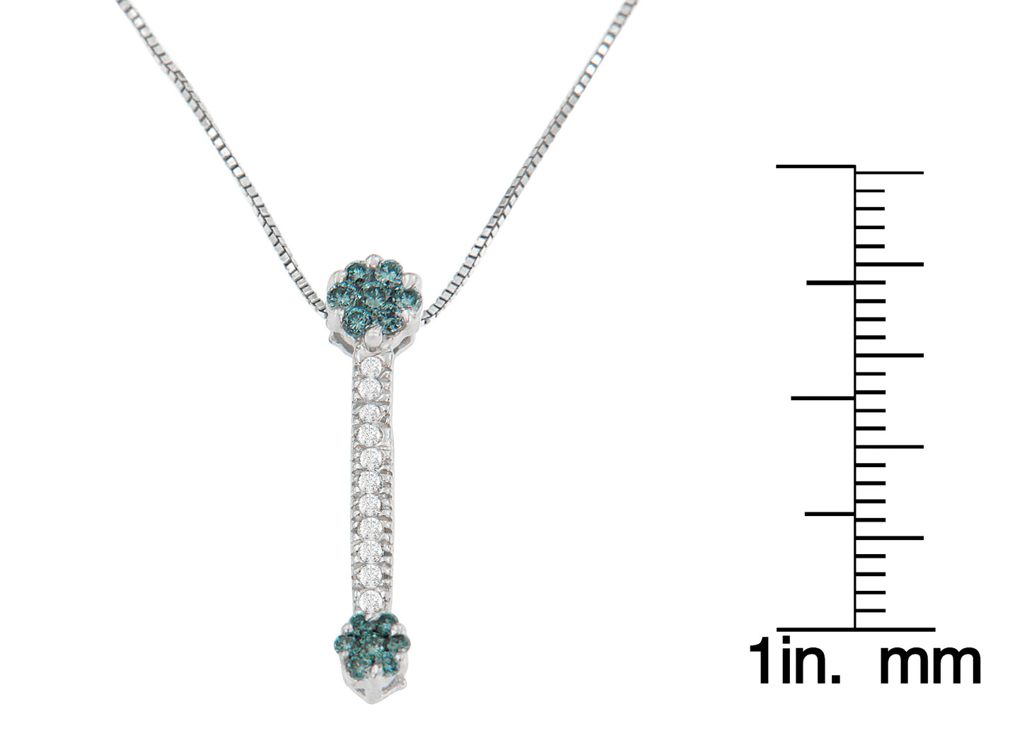 White metal necklace with two clusters of blue gemstones at top and bottom connected by a vertical bar set with white gemstones, shown in a front-facing view, with a ruler for size reference.