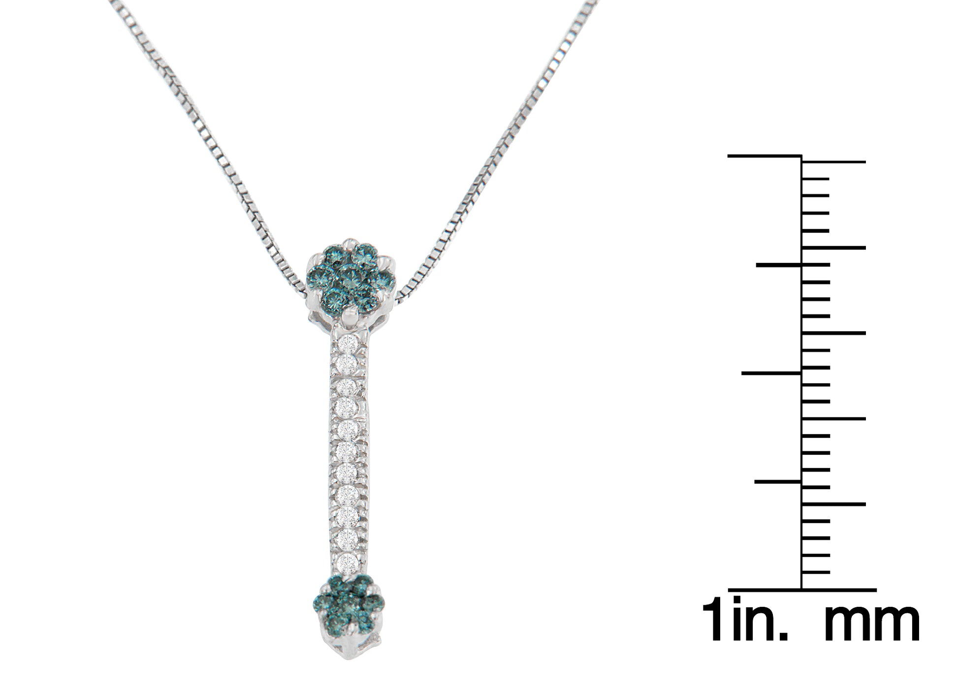 White metal necklace with two clusters of blue gemstones at top and bottom connected by a vertical bar set with white gemstones, shown in a front-facing view, with a ruler for size reference.