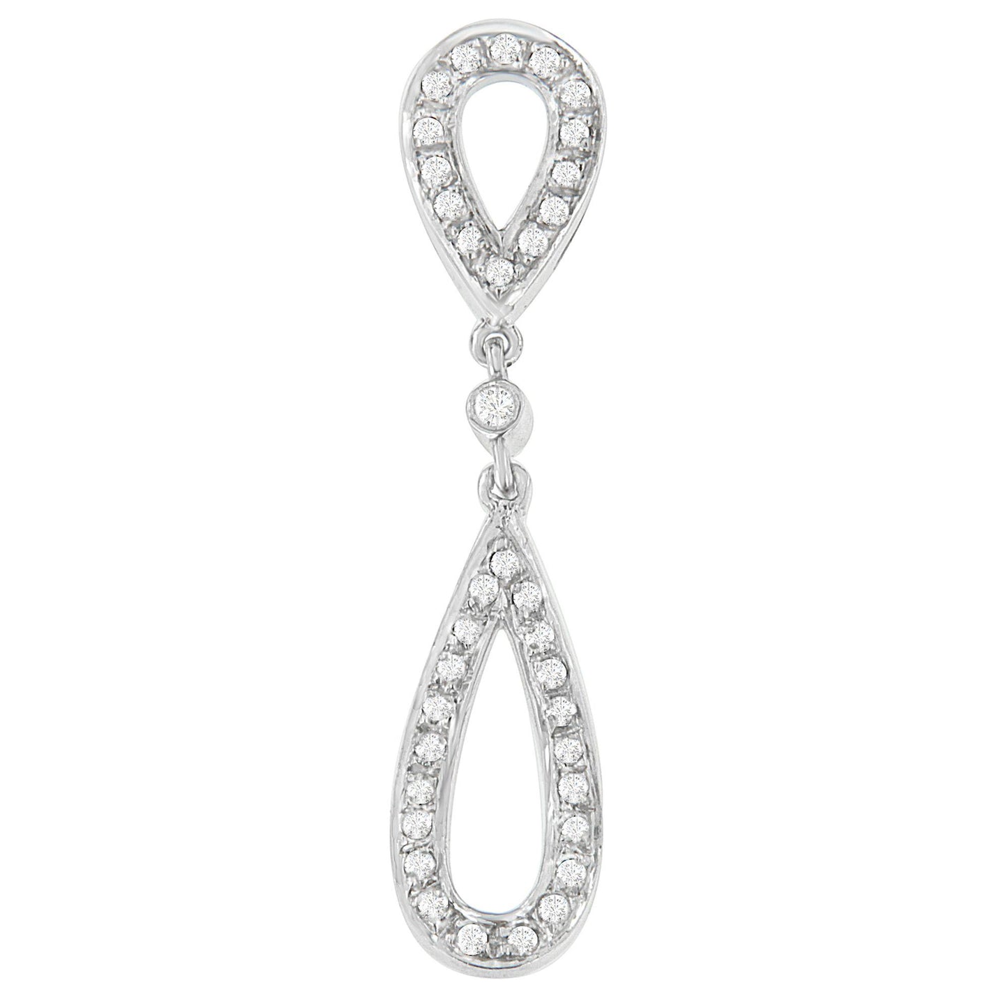 Front-facing close-up of a white metal necklace pendant with two linked teardrop shapes, each outlined with round white gemstones in prong settings.