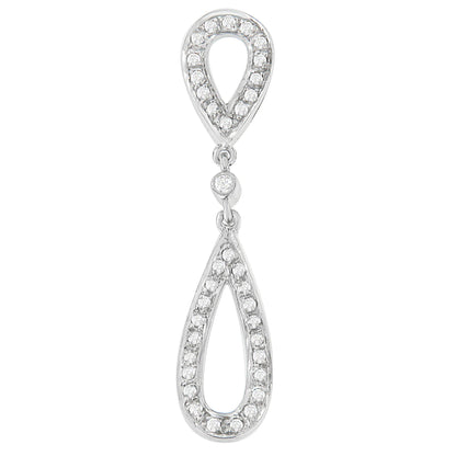 Front-facing close-up of a white metal necklace pendant with two linked teardrop shapes, each outlined with round white gemstones in prong settings.
