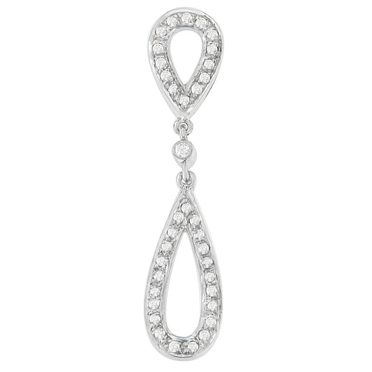 Front-facing close-up of a white metal necklace pendant with two linked teardrop shapes, each outlined with round white gemstones in prong settings.
