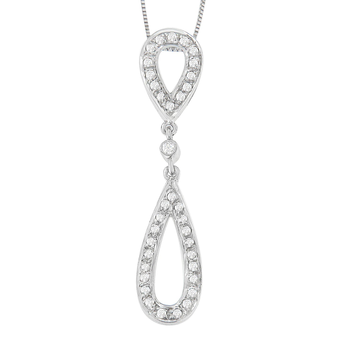 Front view of a white metal necklace pendant with two linked teardrop shapes outlined with round white gemstones in prong settings.