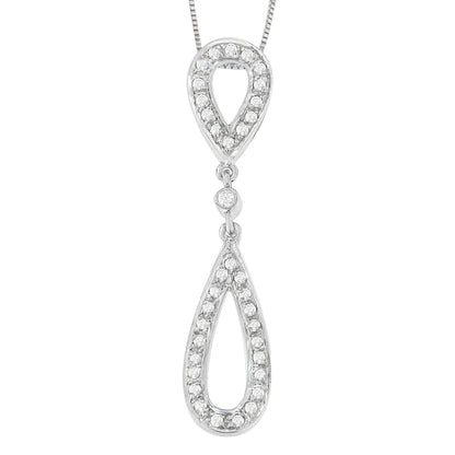 Front view of a white metal necklace pendant with two linked teardrop shapes outlined with round white gemstones in prong settings.