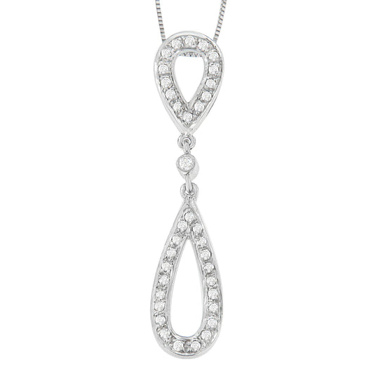 Front view of a white metal necklace pendant with two linked teardrop shapes outlined with round white gemstones in prong settings.