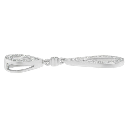 Side view of a white metal necklace with two elongated teardrop shapes, each outlined with round white gemstones in prong settings, connected by a small circular clasp.