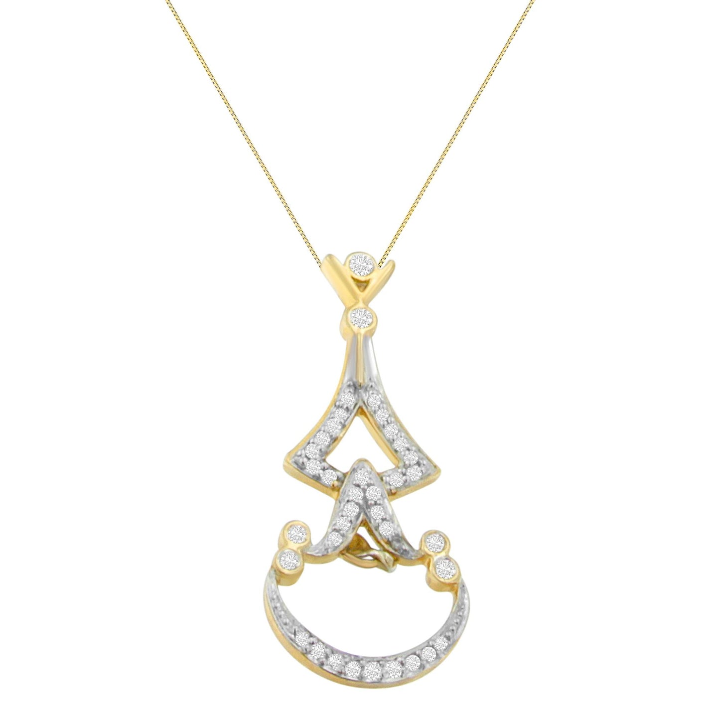 Front view of a yellow metal necklace pendant featuring round white gemstones in pave setting arranged in a decorative pattern.