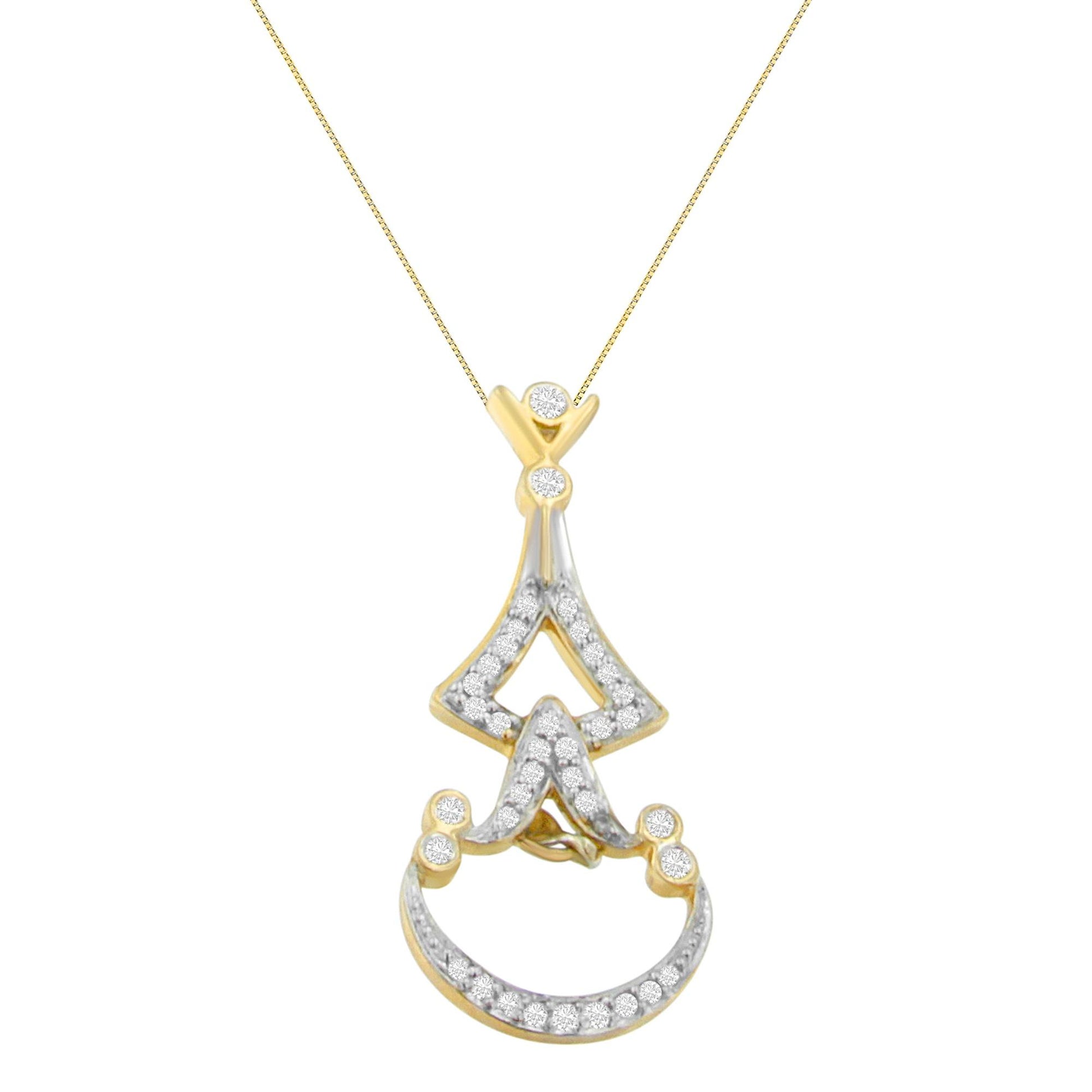 Front view of a yellow metal necklace pendant featuring round white gemstones in pave setting arranged in a decorative pattern.