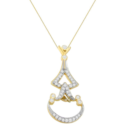 Front view of a yellow metal necklace pendant featuring round white gemstones in pave setting arranged in a decorative pattern.