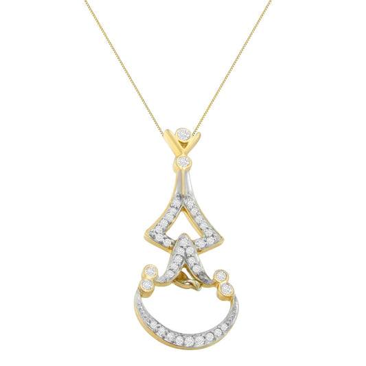 Front view of a yellow metal necklace pendant featuring round white gemstones in pave setting arranged in a decorative pattern.