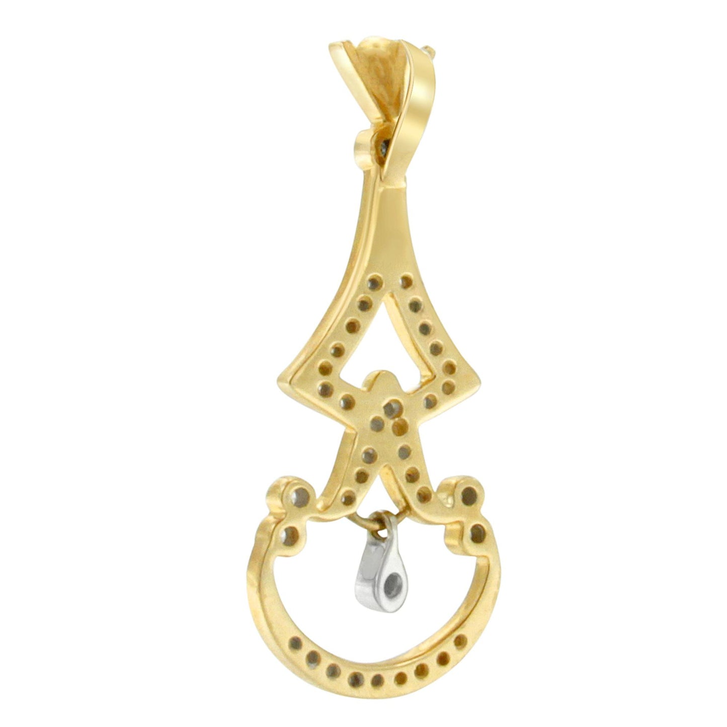 Close-up front angle of a yellow metal necklace pendant with round white gemstones in pave settings.
