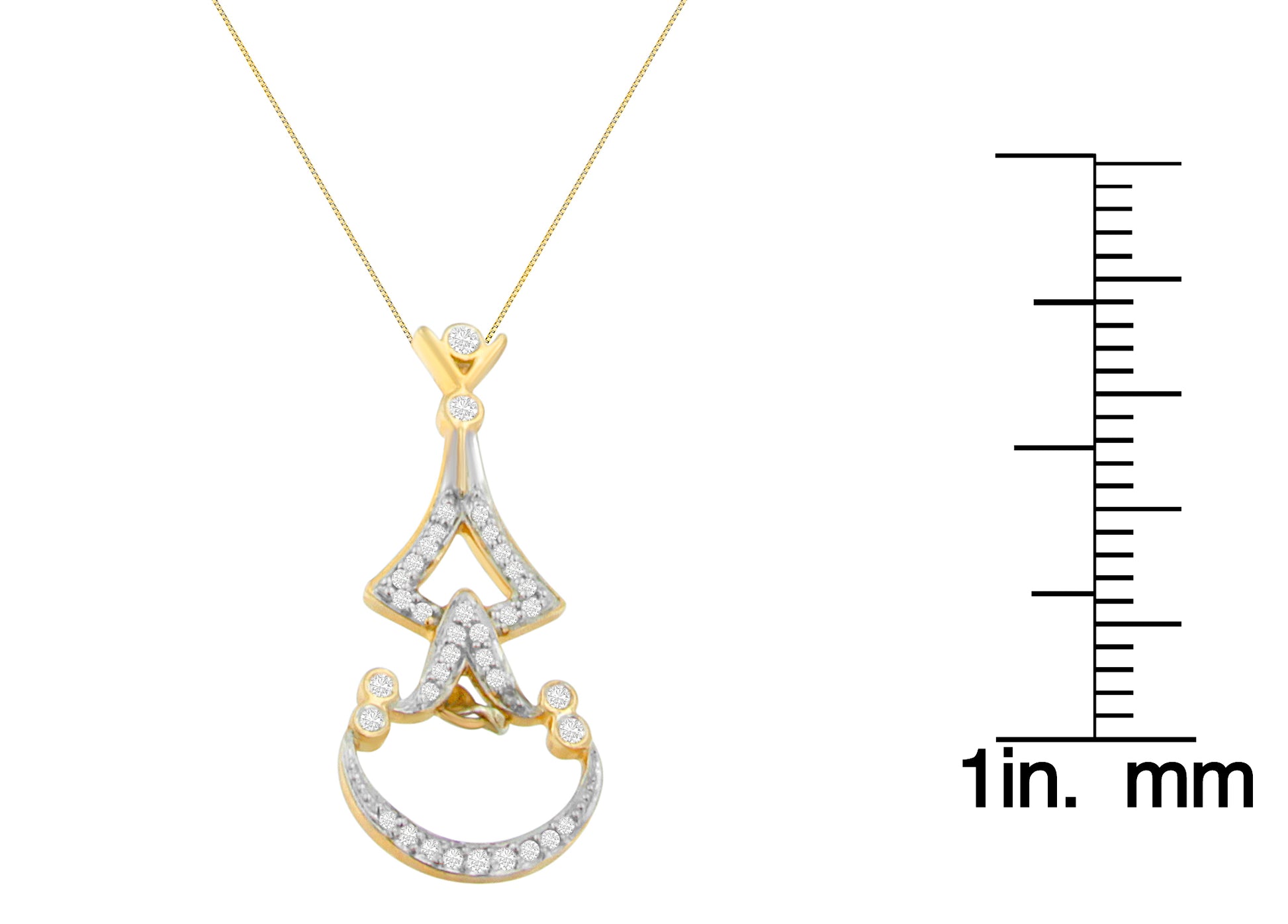 Front view of a yellow necklace with a decorative pendant featuring round white gemstones in a pave setting, shown next to a ruler for size reference.