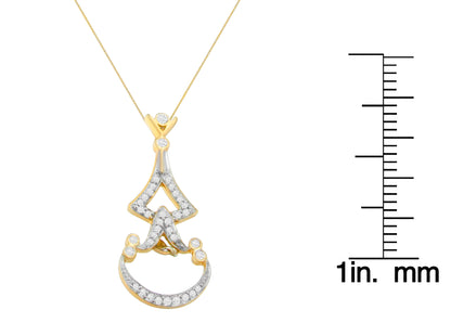 Front view of a yellow necklace with a decorative pendant featuring round white gemstones in a pave setting, shown next to a ruler for size reference.
