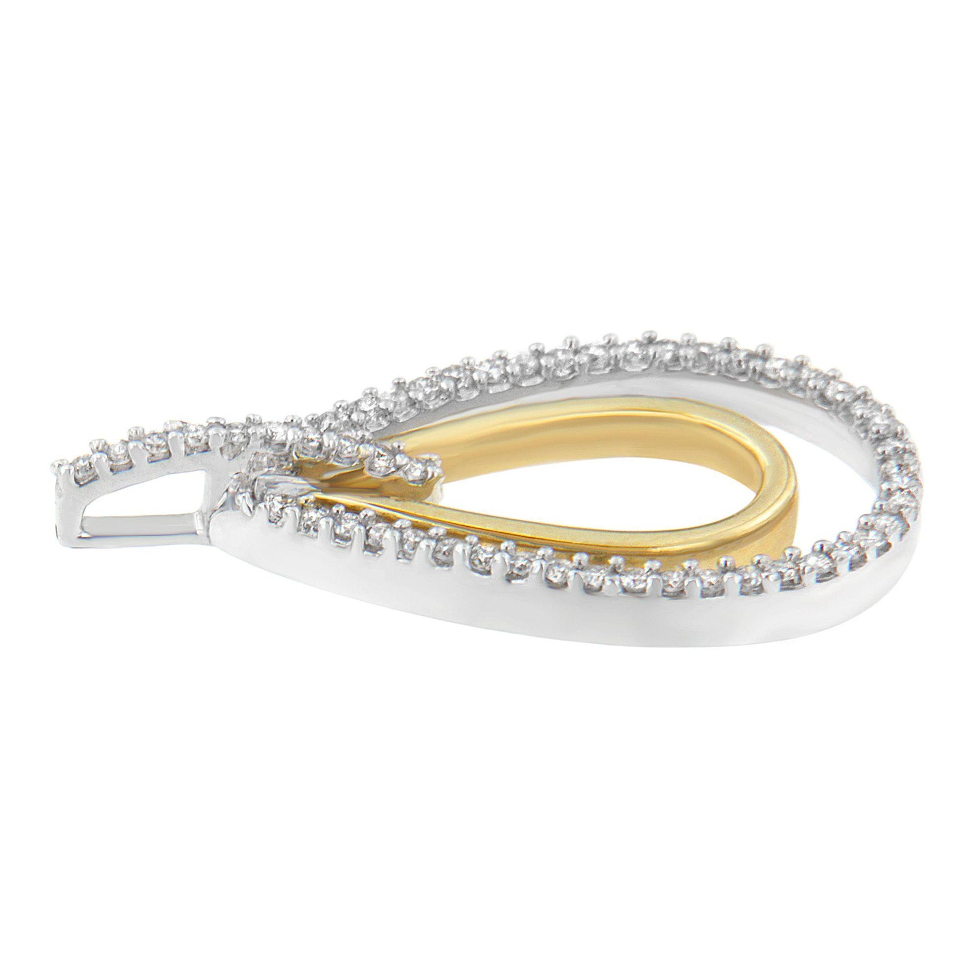Close-up side angle of a two-toned teardrop-shaped necklace pendant featuring a white outer layer with round white gemstones in prong settings and a smooth gold-toned inner loop.
