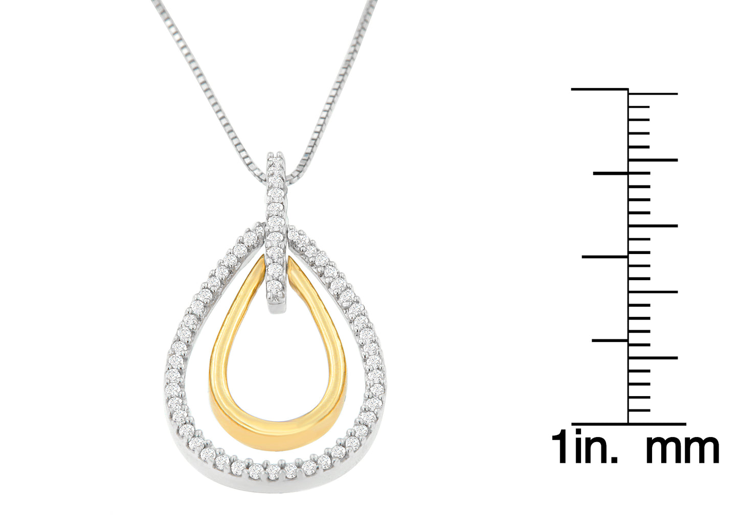 Front view of a two-toned teardrop-shaped necklace pendant with white round gemstones set in prongs along the outer edge and bail, shown with a size scale on the right side.