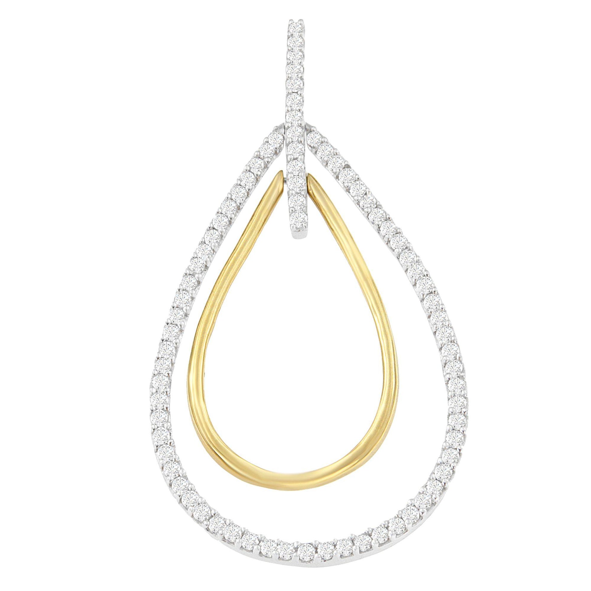 Close-up front view of a two-toned teardrop-shaped necklace pendant with an outer edge adorned with round white gemstones in prong settings and a plain inner loop.