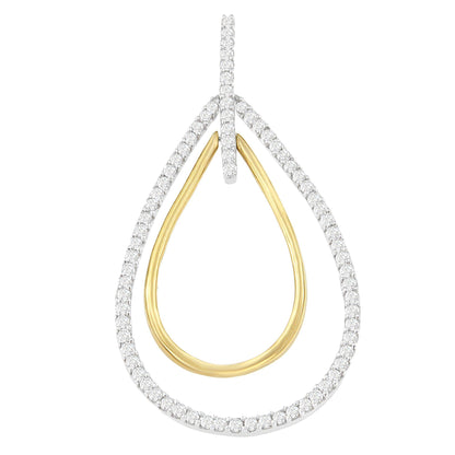 Close-up front view of a two-toned teardrop-shaped necklace pendant with an outer edge adorned with round white gemstones in prong settings and a plain inner loop.