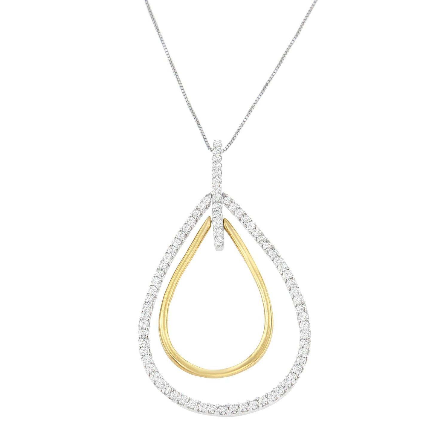 Front view of a two-toned teardrop-shaped necklace pendant with an outer row of white round gemstones in prong setting and a smooth inner teardrop frame, hanging from a fine chain.