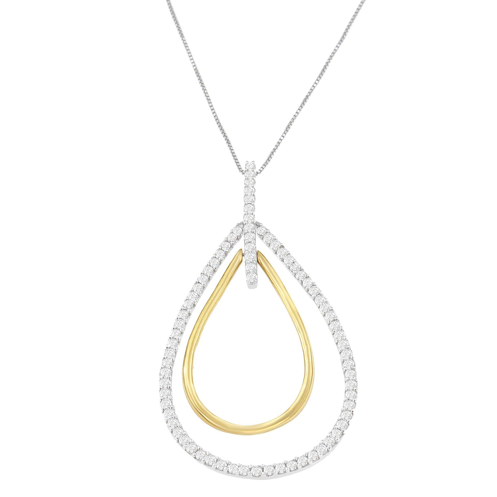 Front view of a two-toned teardrop-shaped necklace pendant with an outer row of white round gemstones in prong setting and a smooth inner teardrop frame, hanging from a fine chain.