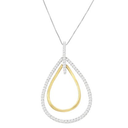 Front view of a two-toned teardrop-shaped necklace pendant with an outer row of white round gemstones in prong setting and a smooth inner teardrop frame, hanging from a fine chain.