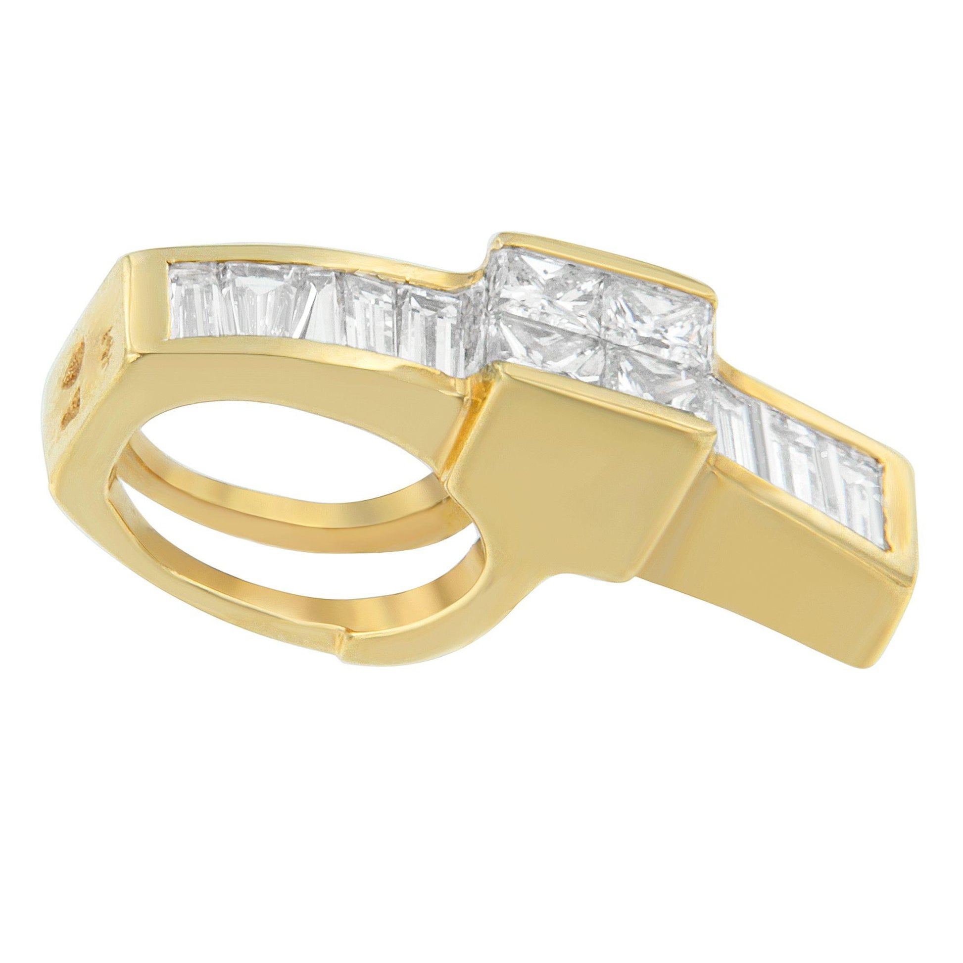 Image of a yellow metal necklace shown from a side angle, featuring channel-set white gemstones in baguette and princess shapes arranged in a cross design.