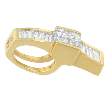 Image of a yellow metal necklace shown from a side angle, featuring channel-set white gemstones in baguette and princess shapes arranged in a cross design.