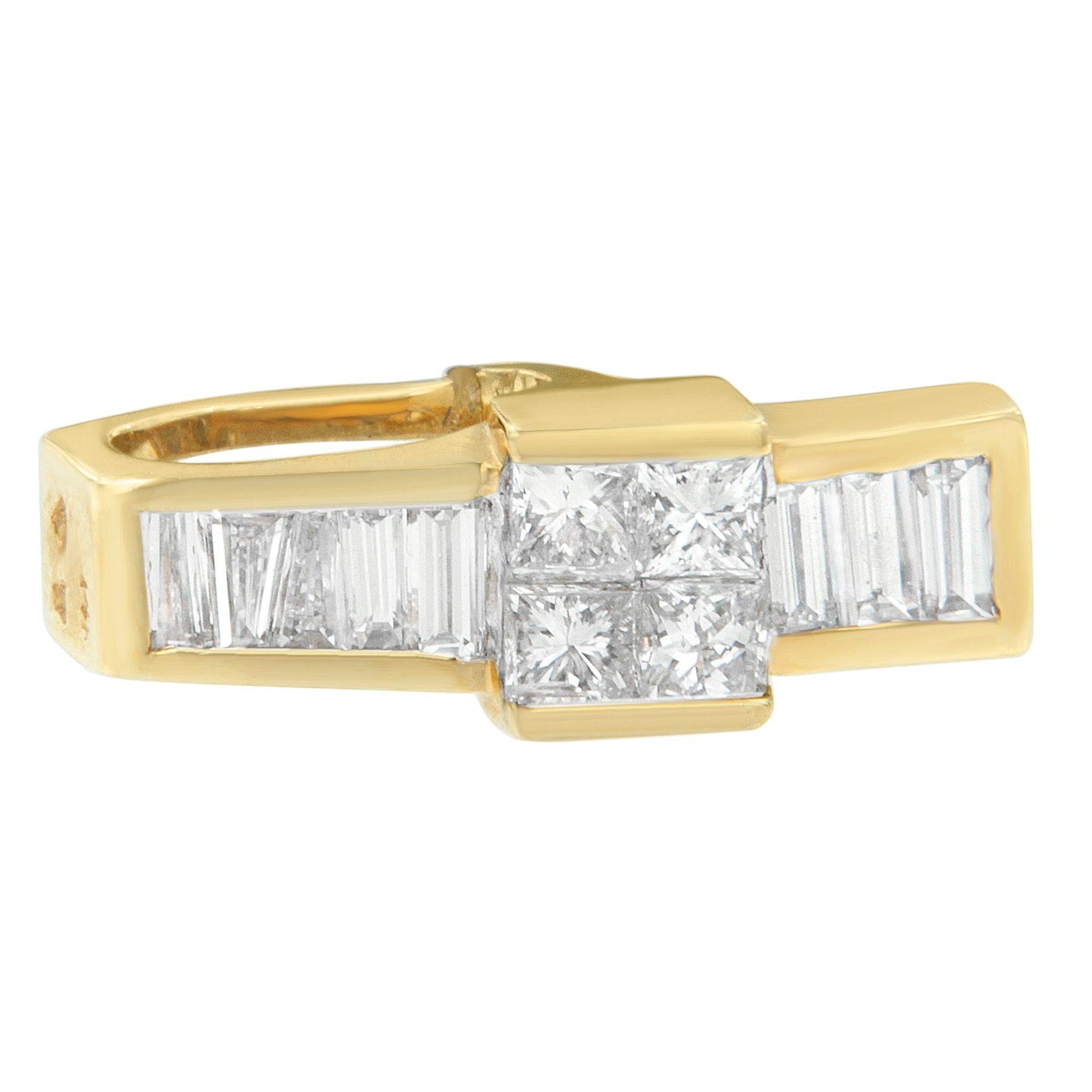 Close-up angled view of a yellow metal necklace featuring channel-set white gemstones in baguette and princess shapes.