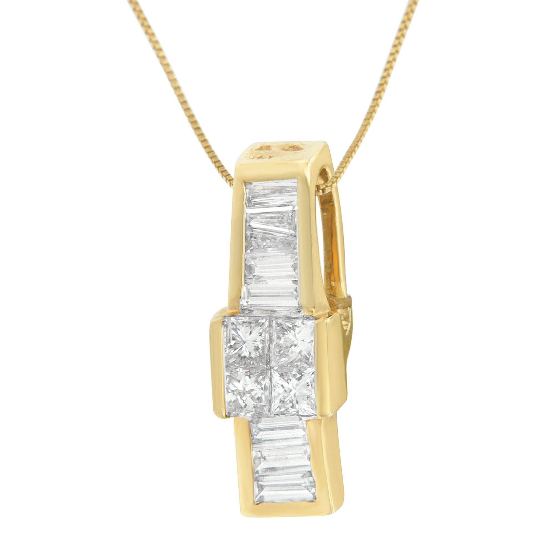 Front view of a yellow metal necklace pendant with channel-set white gemstones in baguette and princess shapes suspended on a chain.