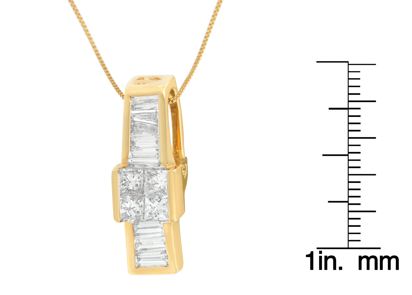 Close-up front view of a yellow metal necklace pendant with channel-set white baguette and princess shape gemstones, shown next to a ruler for size reference.