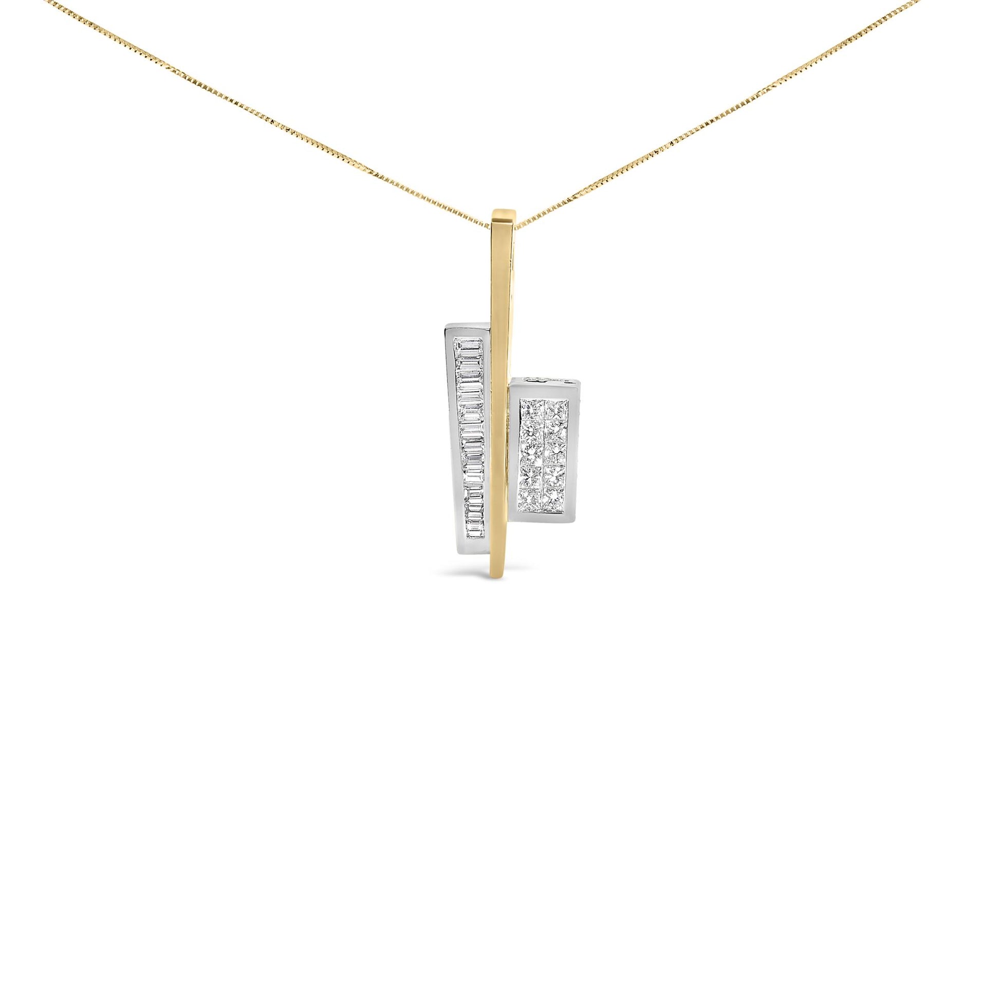 Front-facing view of a necklace pendant featuring two vertically aligned rectangles in yellow and white metal. The white metal rectangle has channel-set white baguette-shaped gemstones, and the yellow metal rectangle has channel-set white princess-shaped gemstones. The pendant is shown hanging on a yellow chain against a white background.