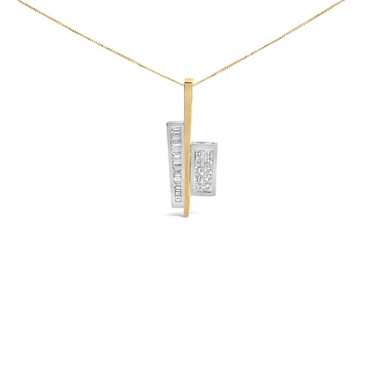 Front-facing view of a necklace pendant featuring two vertically aligned rectangles in yellow and white metal. The white metal rectangle has channel-set white baguette-shaped gemstones, and the yellow metal rectangle has channel-set white princess-shaped gemstones. The pendant is shown hanging on a yellow chain against a white background.
