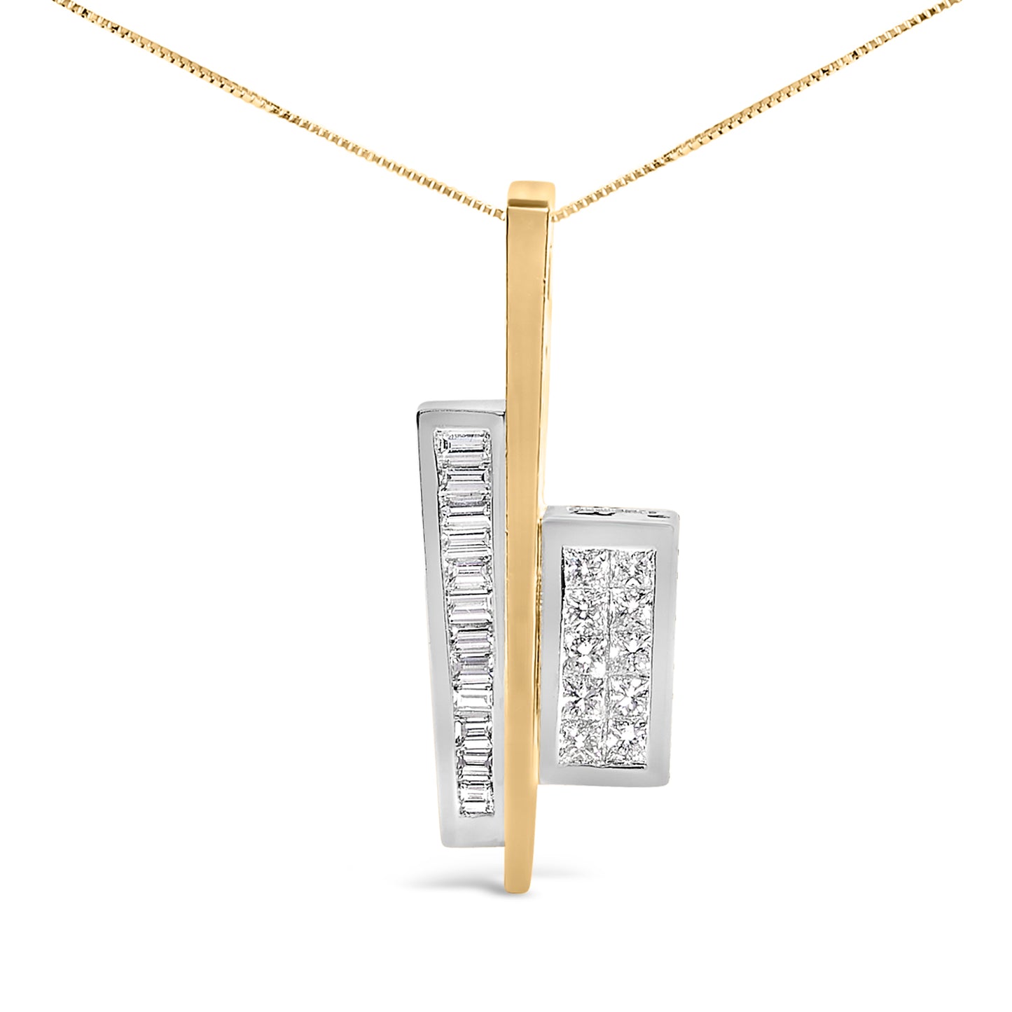 Close-up front view of a yellow and white metal vertical bar necklace pendant featuring channel-set white princess and baguette shape gemstones.