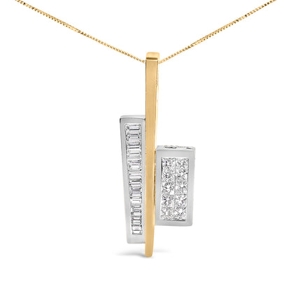 Close-up front view of a yellow and white metal vertical bar necklace pendant featuring channel-set white princess and baguette shape gemstones.