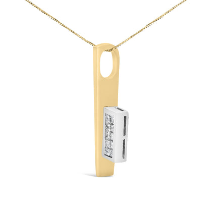 Pendant necklace shown in close-up on a white background, featuring a yellow metal rectangular bar with an oval cutout at the top and a white metal rectangular section set with channel-set white princess and baguette shape gemstones, viewed from a front angled perspective.