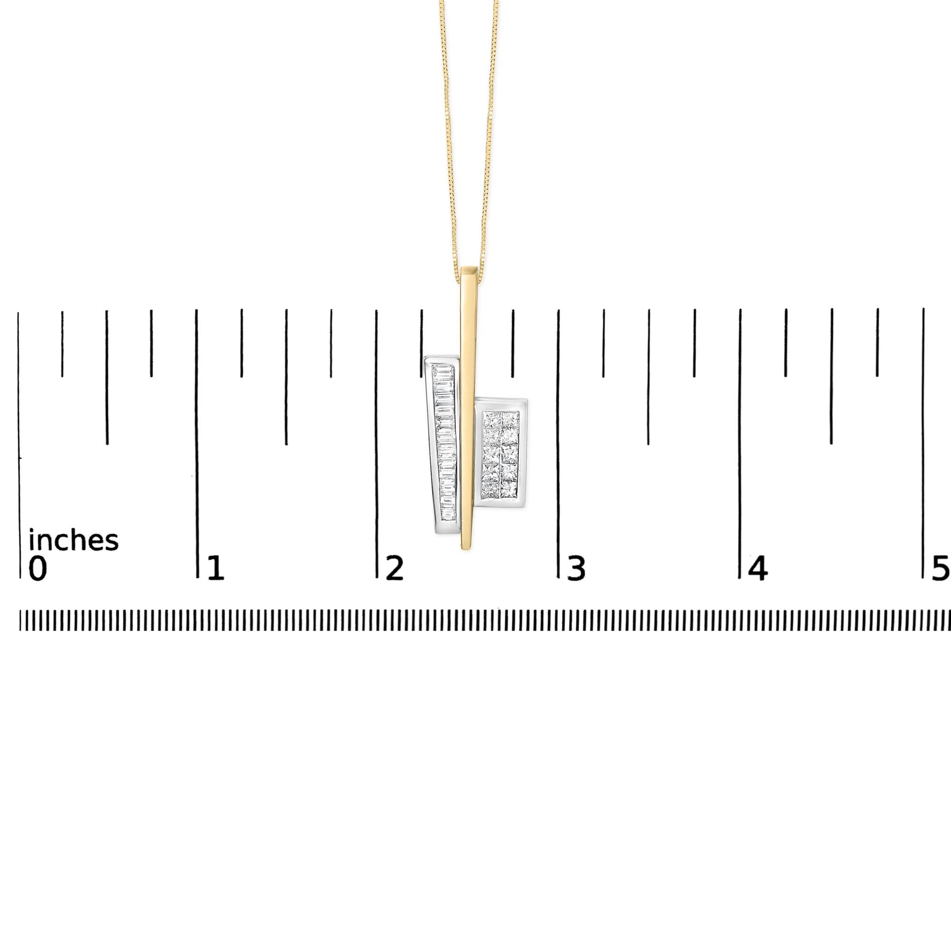 Close-up front view of a necklace pendant displayed on a ruler scale, featuring a vertical yellow metal bar flanked by two white metal sections with channel-set white gemstones in princess and baguette shapes.