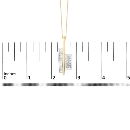 Close-up front view of a necklace pendant displayed on a ruler scale, featuring a vertical yellow metal bar flanked by two white metal sections with channel-set white gemstones in princess and baguette shapes.