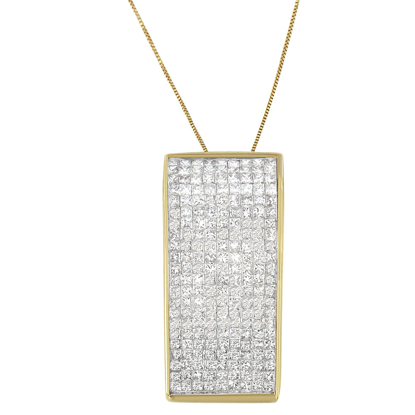 Front view of a yellow metal rectangular necklace pendant featuring a channel setting of multiple white princess shape gemstones, shown against a white background.