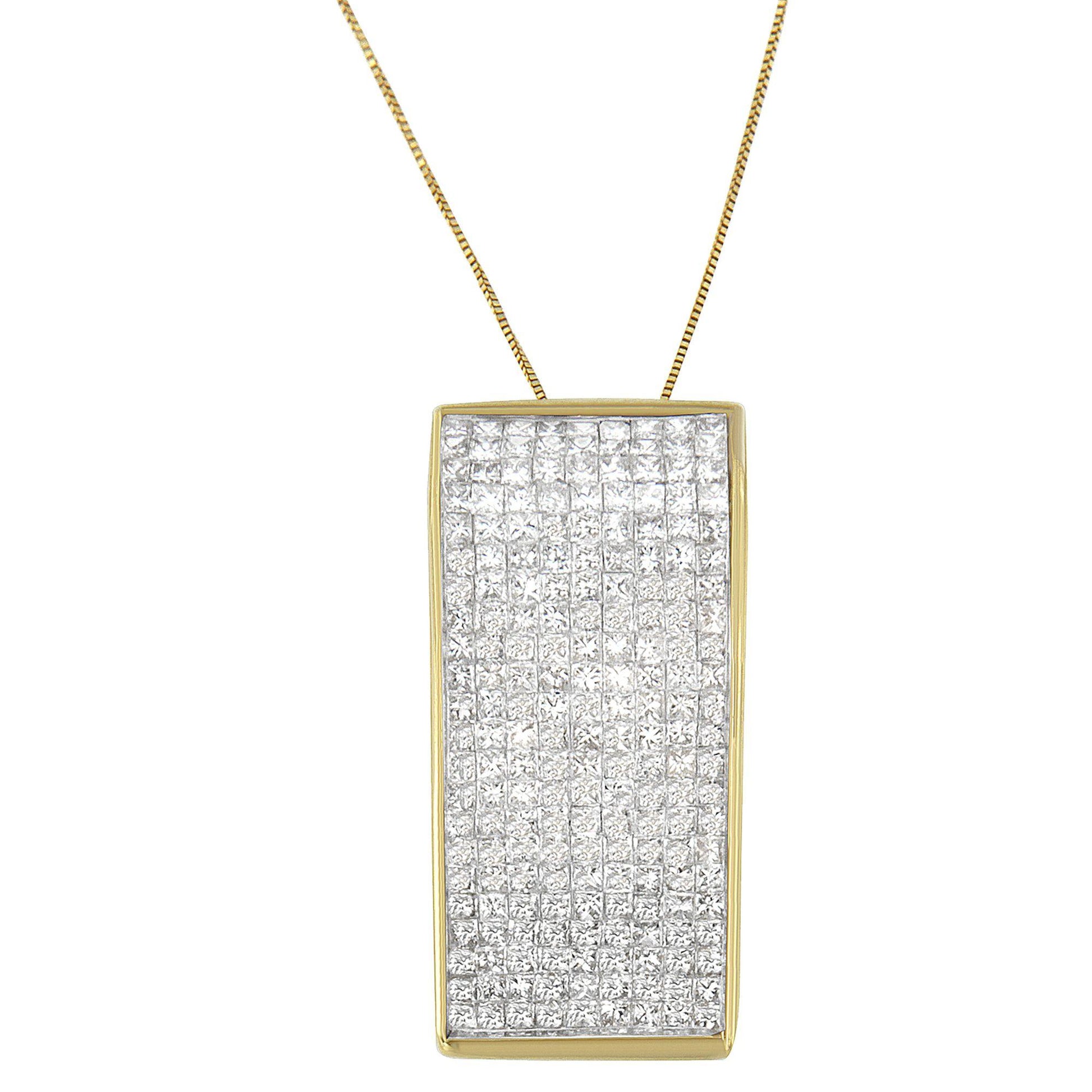 Front view of a yellow metal rectangular necklace pendant featuring a channel setting of multiple white princess shape gemstones, shown against a white background.