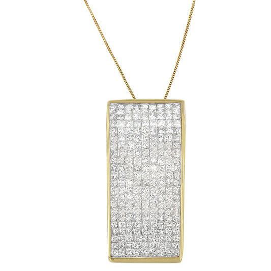 Front view of a yellow metal rectangular necklace pendant featuring a channel setting of multiple white princess shape gemstones, shown against a white background.