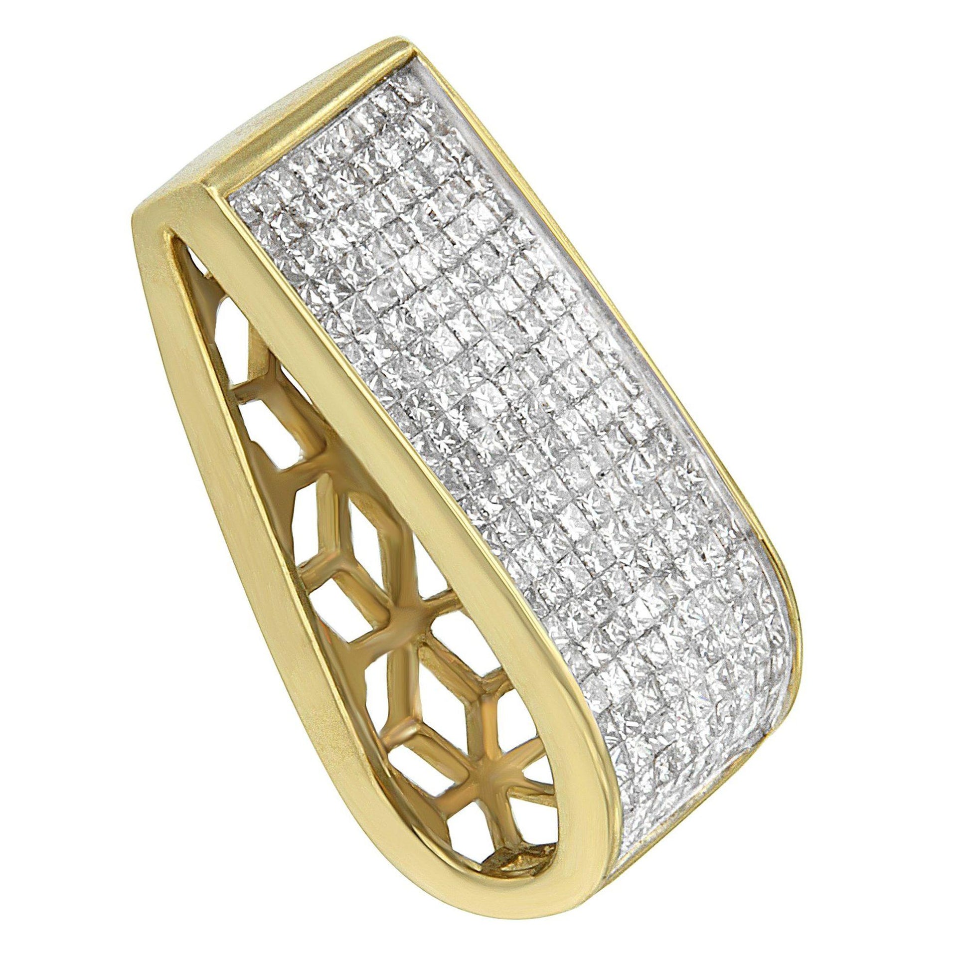 Close-up angled view of a yellow metal necklace pendant featuring a curved rectangular surface paved with channel-set white princess-shaped gemstones and an open geometric pattern on the side.